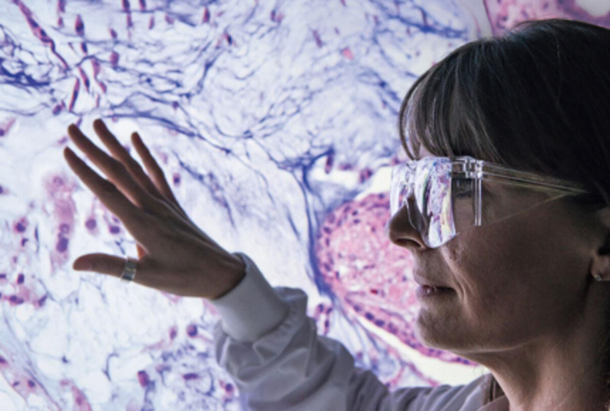 Scientist examining cross section of cells from tumour biopsy